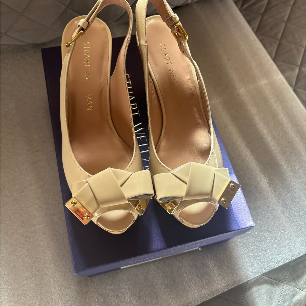 Stuart Weitzman Crème Peep- Toe Slingback Cork Wedges!